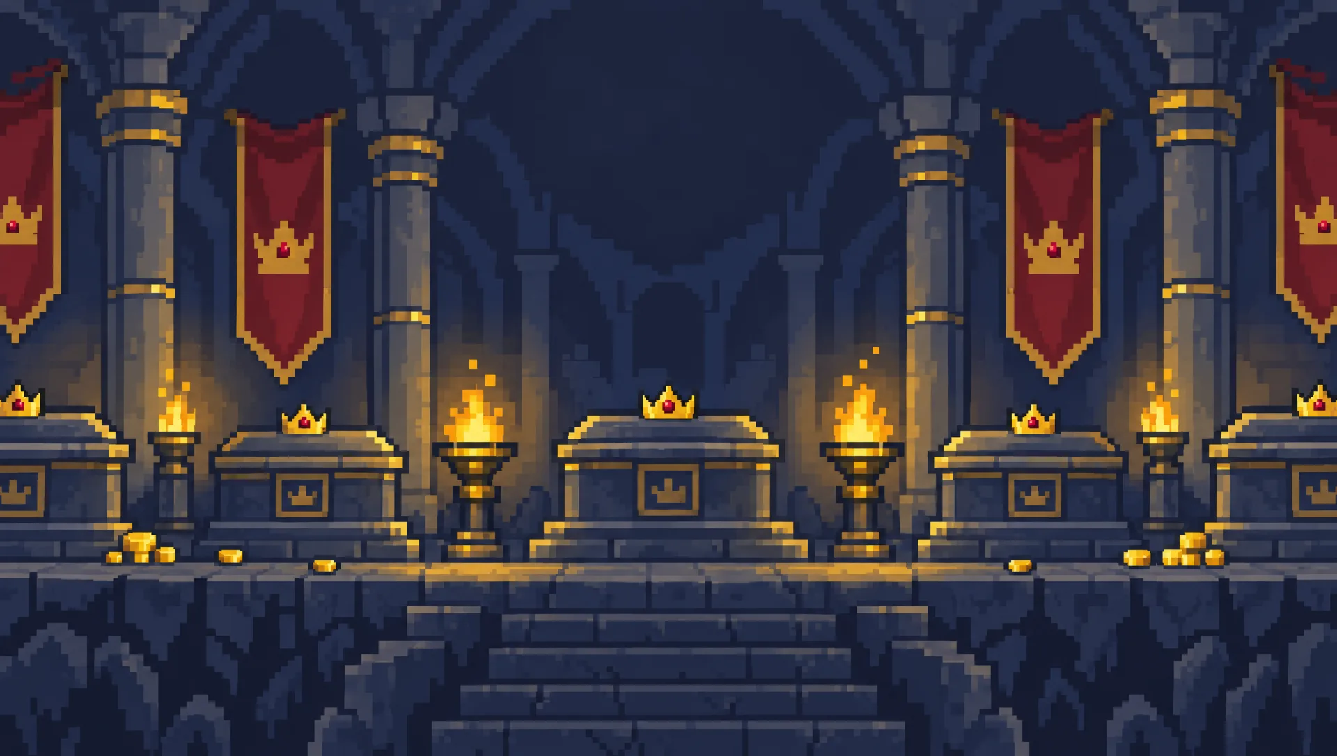 Pixel-art royal crypt with stone pillars, red crown banners, braziers and tombs topped with golden crowns