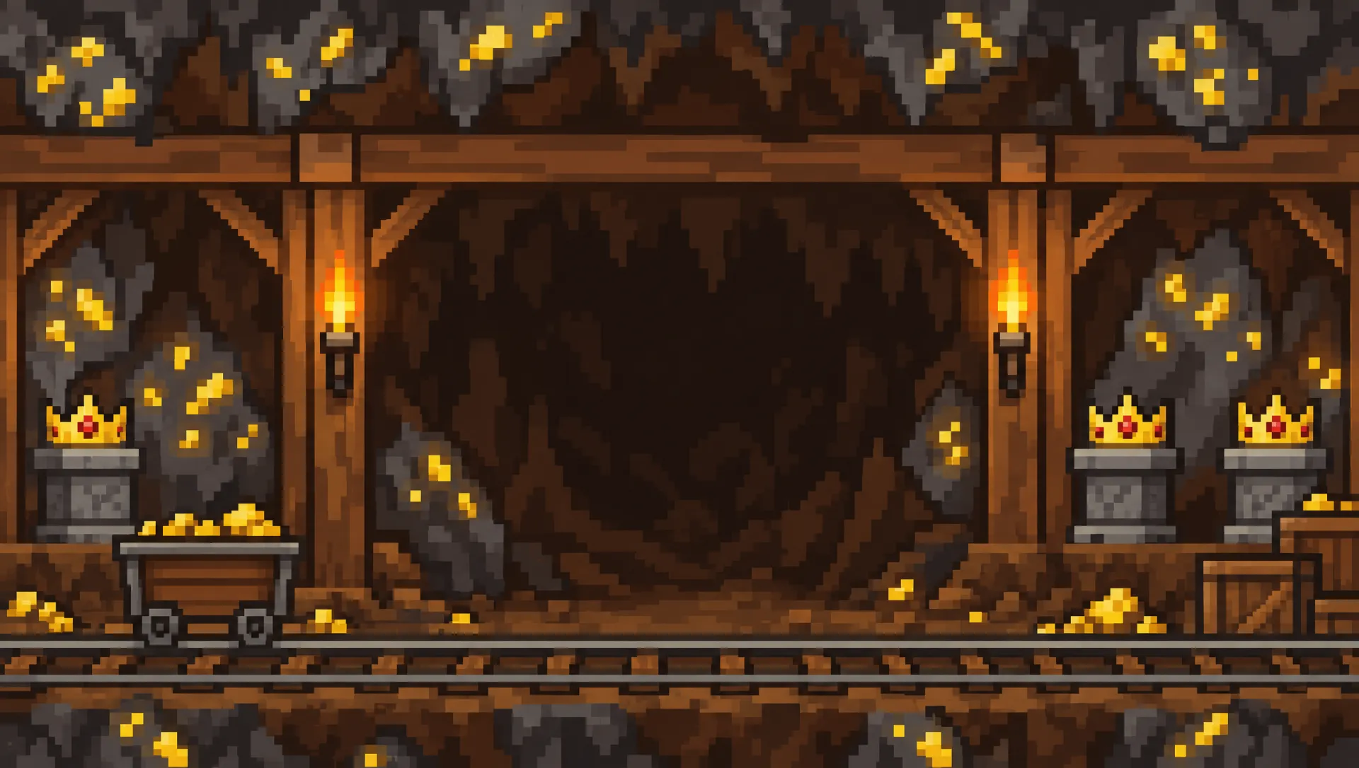 Pixel-art gold mine tunnel with torches, rails, gold ore and a cart full of gold